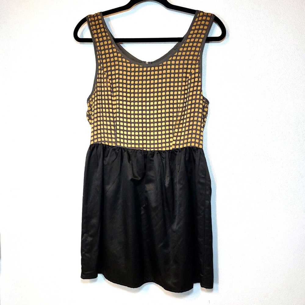 Line & Dot Gray Black Silk Sleeveless Dress Gold Squares Rear Zipper Size Medium